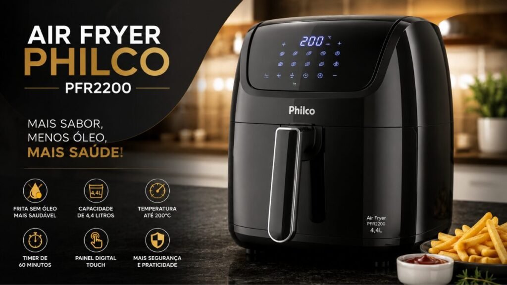 Air Fryer Philco PFR2200 vale a pena? Imagem da fritadeira elétrica de 4,4 litros com painel digital e design moderno.