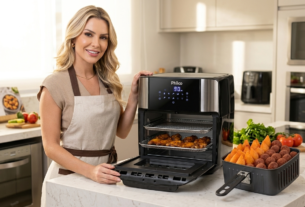 Mulher sorridente usando a Air Fryer Philco 12L Oven com painel digital em uma cozinha moderna.