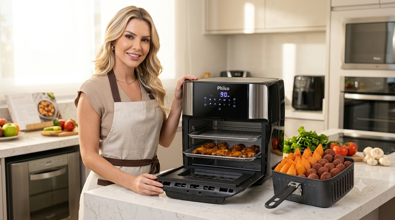 Mulher sorridente usando a Air Fryer Philco 12L Oven com painel digital em uma cozinha moderna.