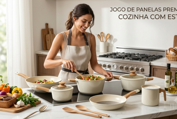 Mulher sorridente cozinhando legumes em um jogo de panelas bege e cabo de madeira em cozinha moderna.