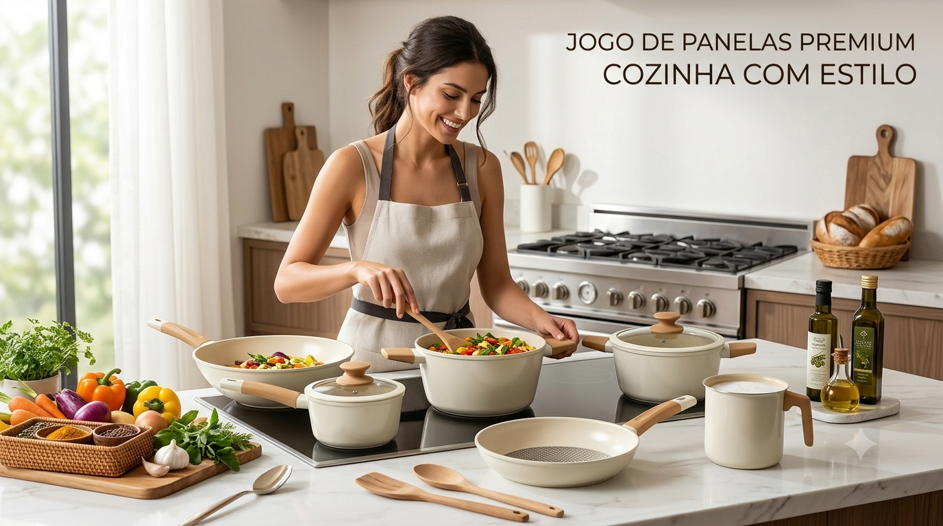 Mulher sorridente cozinhando legumes em um jogo de panelas bege e cabo de madeira em cozinha moderna.