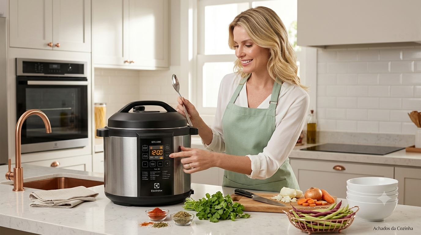 Modelo sorrindo ao lado da panela de pressão elétrica Electrolux PCC20 em uma cozinha moderna e iluminada.