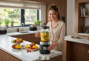 Mulher loira sorridente preparando suco natural no liquidificador Oster New Reverse Osterizer em uma cozinha moderna