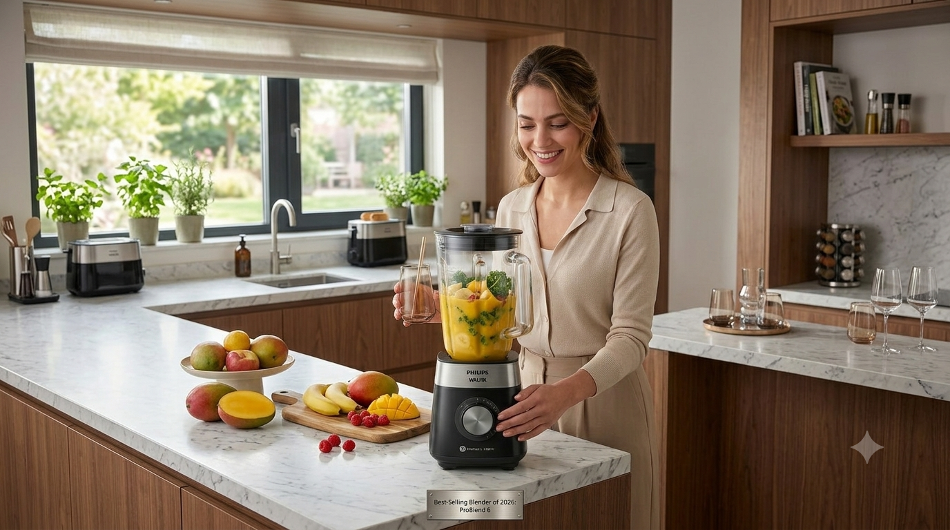 Mulher loira sorridente preparando suco natural no liquidificador Oster New Reverse Osterizer em uma cozinha moderna