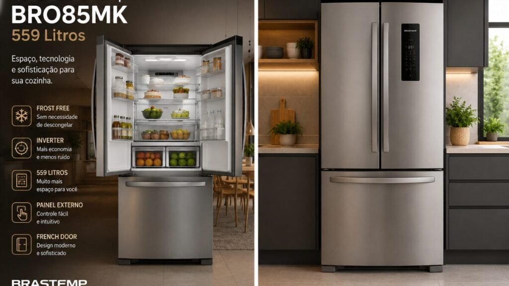 Geladeira Brastemp BRO85MK 559 Litros Frost Free Inverter com acabamento inox e freezer inferior em ambiente de cozinha moderna.
