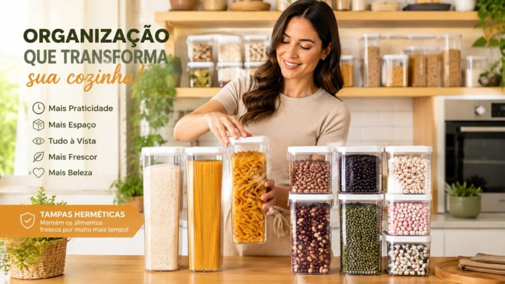 Kit 8 Potes Herméticos Mantimentos Quadrado Cozinha Tampa Vedação Hermética Amobox organizando alimentos em uma cozinha moderna.