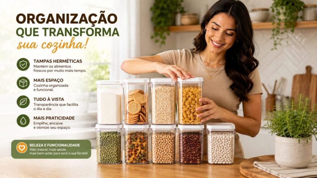 Kit 8 Potes Herméticos Mantimentos Quadrado Cozinha Tampa Vedação Hermética Amobox com potes transparentes organizando arroz, feijão, café e outros alimentos secos.