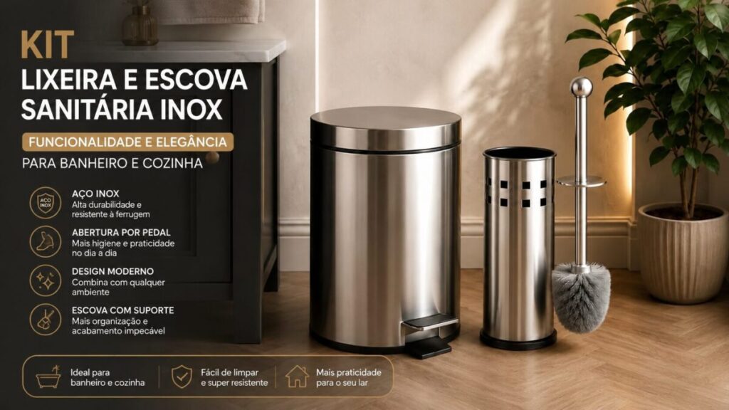 Lixeira de banheiro inox com pedal e escova sanitária inox com suporte, ideal para banheiro e cozinha moderna.