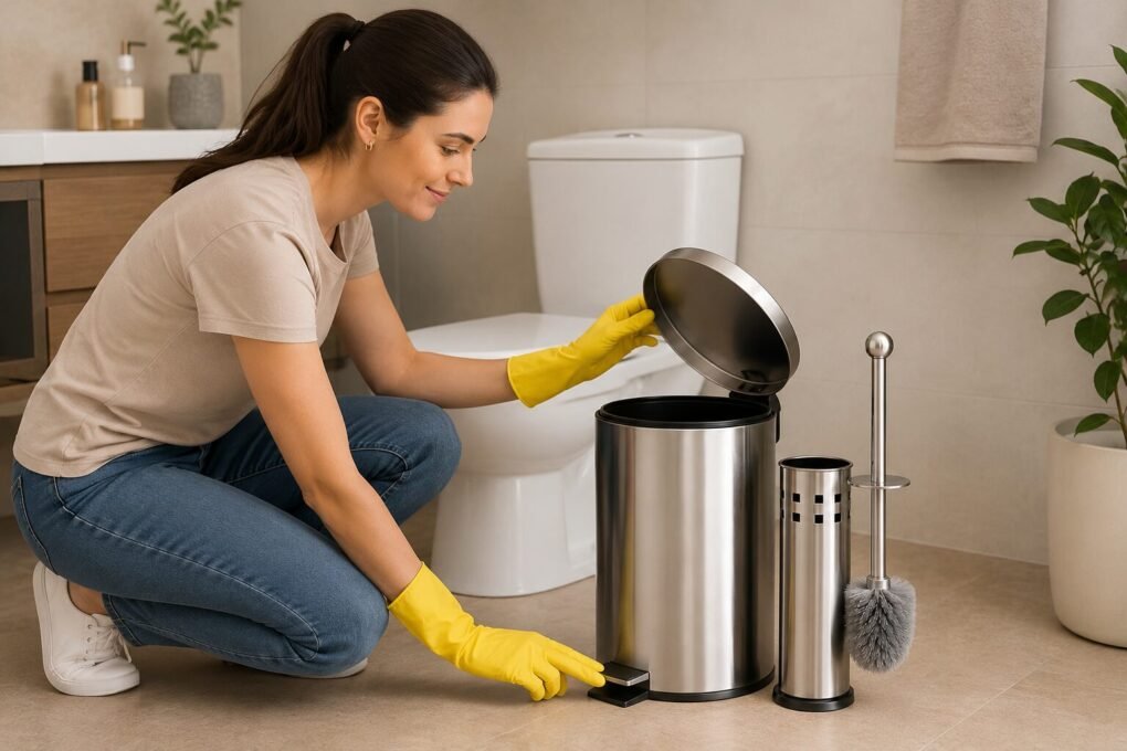 it Lixeira e Escova Sanitária Inox polido posicionado sobre o piso cinza de um banheiro moderno e limpo.