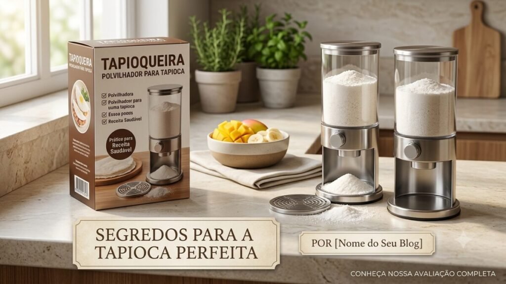Tapioqueira polvilhador para tapioca em aço inox e acrílico transparente sobre uma bancada de cozinha de mármore clara, ao lado de sua caixa de embalagem e um bowl com frutas. Na imagem no formato 1200x675, há letreiros com os textos "Segredos para a tapioca perfeita" e "Conheça nossa avaliação completa".