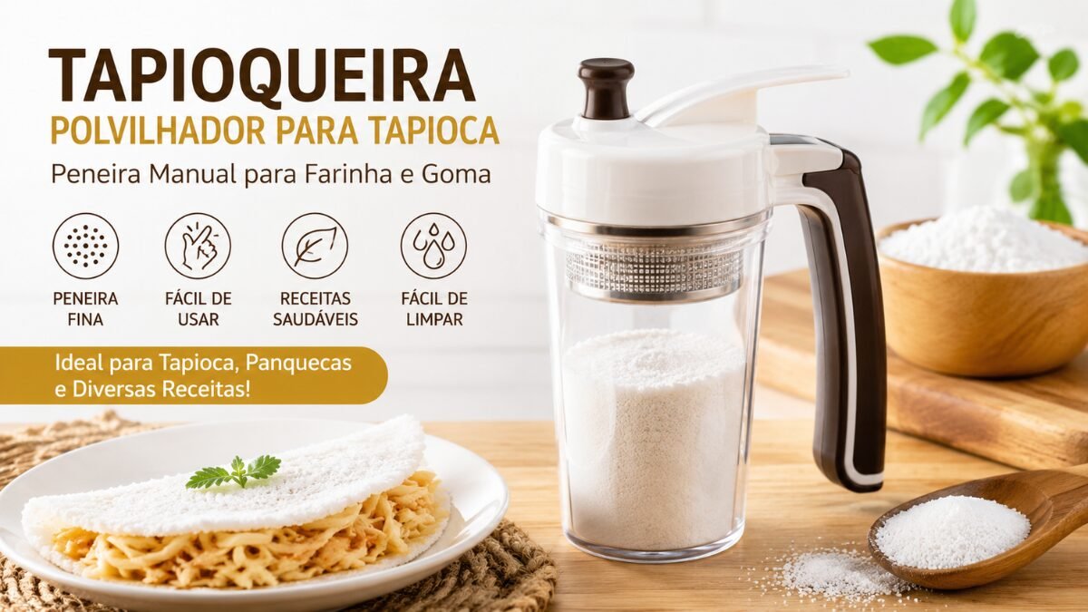 Dois modelos de tapioqueira polvilhador para tapioca feitos de inox e vidro com goma de mandioca dentro, posicionados em uma bancada de cozinha iluminada ao lado da caixa do produto e de uma tigela com bananas e manga picadas