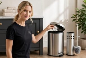 Kit Lixeira e Escova Sanitária Inox para banheiro e cozinha com lixeira de pedal em aço inox e suporte para escova sanitária.