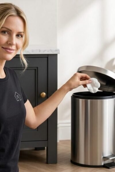 Kit Lixeira e Escova Sanitária Inox para banheiro e cozinha com lixeira de pedal em aço inox e suporte para escova sanitária.