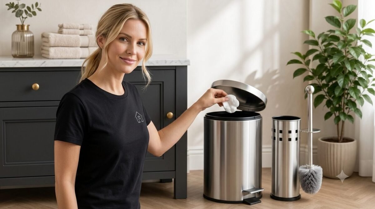 Kit Lixeira e Escova Sanitária Inox para banheiro e cozinha com lixeira de pedal em aço inox e suporte para escova sanitária.