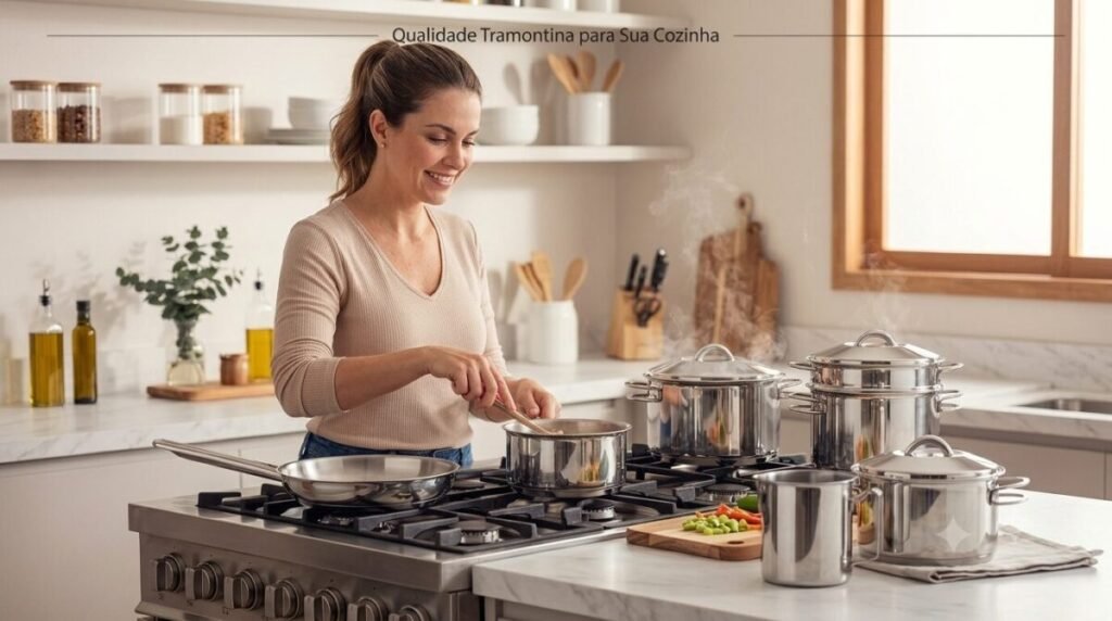 ogo de Panelas Tramontina Solar em Aço Inox com Fundo Triplo 6 Peças, panelas premium sobre mesa de cozinha moderna com acabamento em inox de alta qualidade.