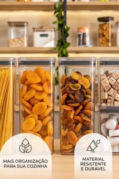 Kit 8 Potes Herméticos Mantimentos Quadrado Cozinha Tampa Vedação Hermética Amobox com vedação hermética e transparência cristal para conservar mantimentos.