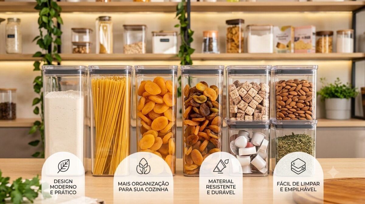 Kit 8 Potes Herméticos Mantimentos Quadrado Cozinha Tampa Vedação Hermética Amobox com vedação hermética e transparência cristal para conservar mantimentos.