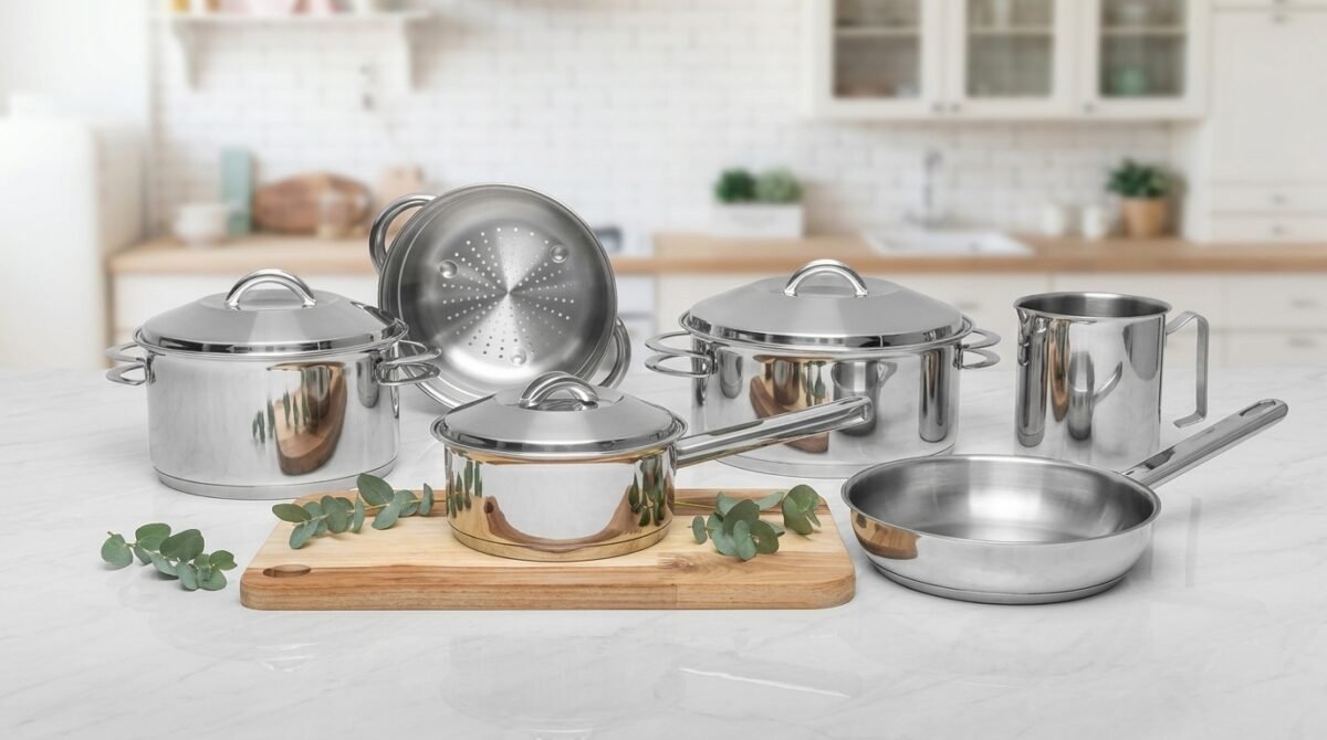 Jogo de Panelas Tramontina Solar em Aço Inox com Fundo Triplo 6 Peças em bancada de cozinha moderna, ideal para quem busca durabilidade e alta performance.
