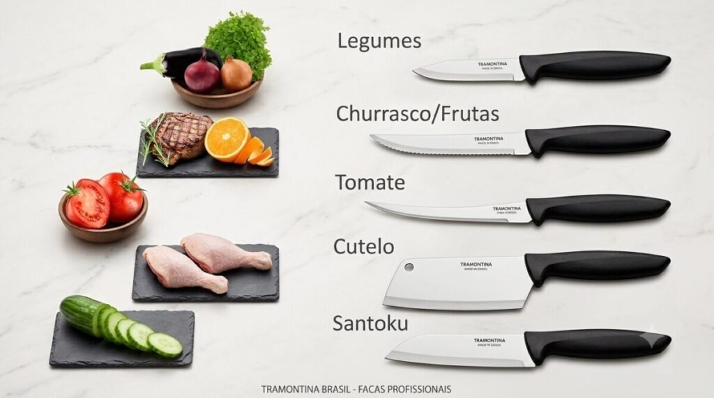 Modelos de facas do jogo Tramontina Plenus com alimentos.
