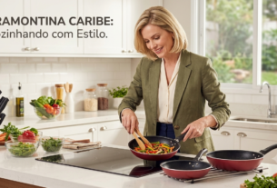 Jogo de Frigideiras Tramontina Caribe 3 Peças sobre bancada de cozinha, com revestimento antiaderente Starflon Max