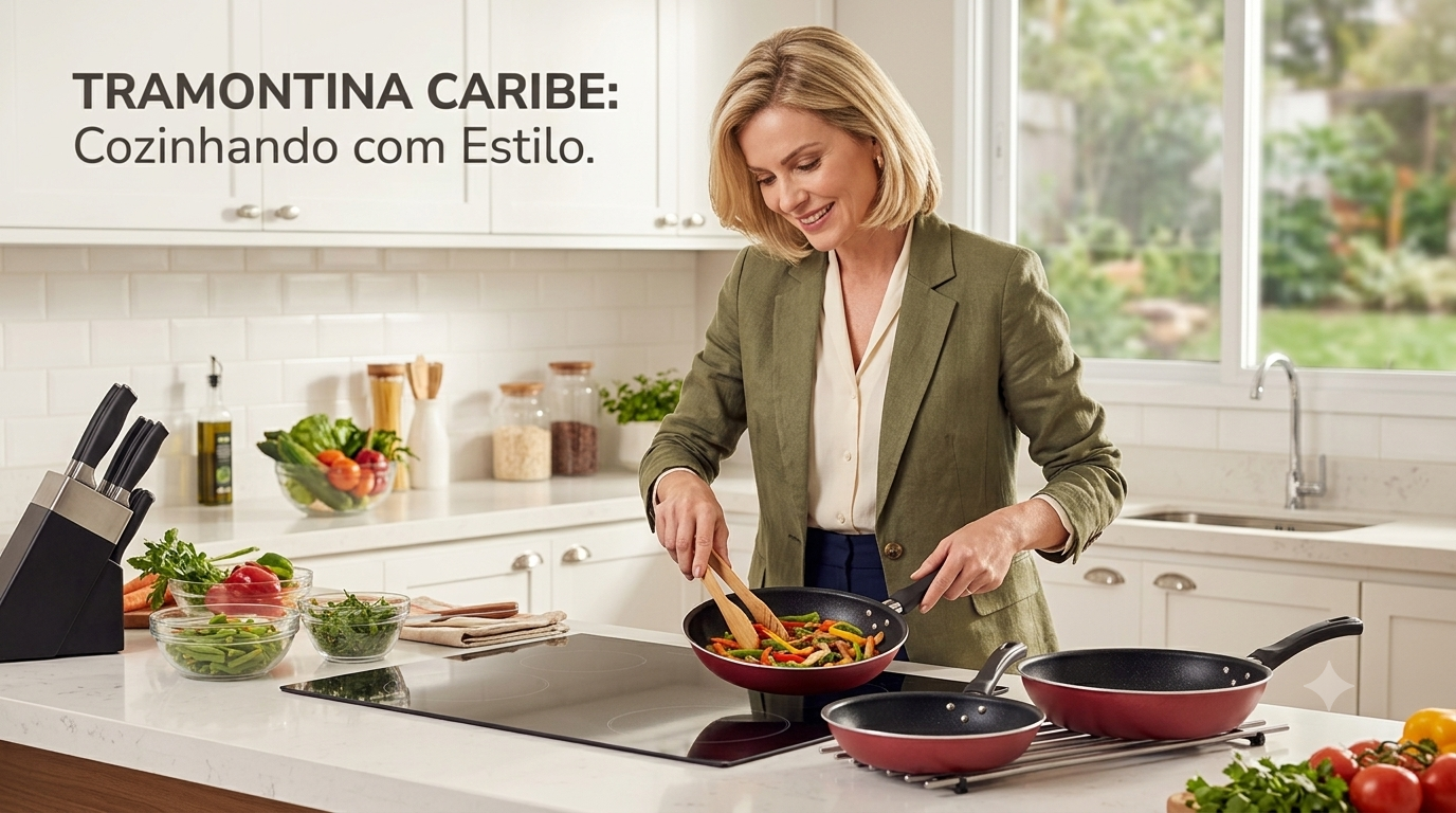 Jogo de Frigideiras Tramontina Caribe 3 Peças sobre bancada de cozinha, com revestimento antiaderente Starflon Max