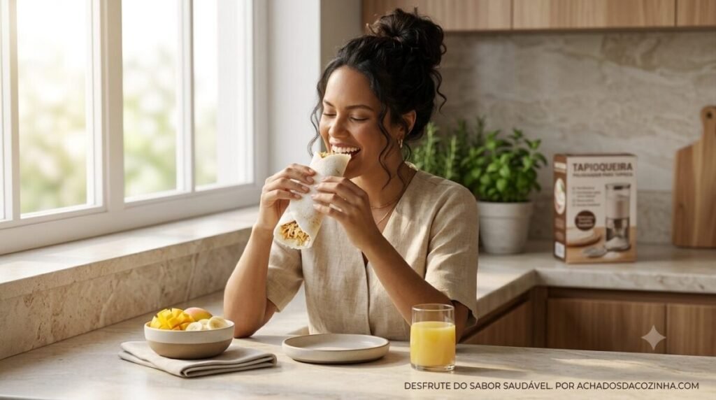 Mulher jovem com cabelos cacheados presos em um coque, sorrindo e mordendo uma tapioca recheada na bancada de uma cozinha iluminada. Ao fundo, aparecem um copo de suco de laranja, uma tigela com frutas picadas e a embalagem da tapioqueira polvilhador para tapioca do site achadosdacozinha.com.