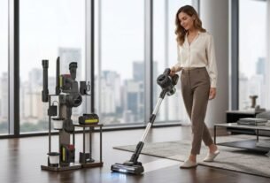 Mulher elegante usando aspirador de pó vertical sem fio em apartamento com vista panorâmica da cidade, piso de madeira escura e sofá cinza ao fundo, com estação de carregamento do aspirador visível à esquerda.