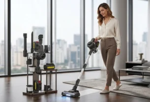 Mulher elegante usando aspirador de pó vertical sem fio em apartamento com vista panorâmica da cidade, piso de madeira escura e sofá cinza ao fundo, com estação de carregamento do aspirador visível à esquerda.