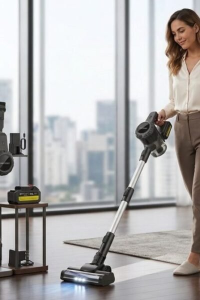 Mulher elegante usando aspirador de pó vertical sem fio em apartamento com vista panorâmica da cidade, piso de madeira escura e sofá cinza ao fundo, com estação de carregamento do aspirador visível à esquerda.