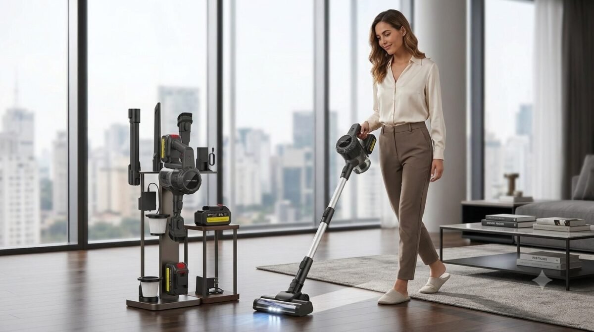 Mulher elegante usando aspirador de pó vertical sem fio em apartamento com vista panorâmica da cidade, piso de madeira escura e sofá cinza ao fundo, com estação de carregamento do aspirador visível à esquerda.