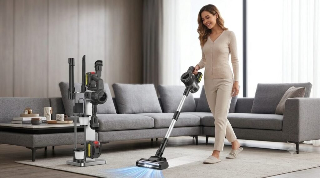: Mulher sorridente usando aspirador de pó vertical sem fio para limpar tapete claro em sala de estar moderna, com sofá cinza ao fundo e estação de carregamento do aspirador visível à esquerda, próxima a uma mesa de centro.