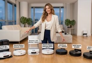 Modelo apresentando os 7 melhores robôs aspiradores inteligentes de 2026 alinhados na sala de estar para o guia do blog Achados da Cozinha.