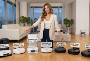 Modelo apresentando os 7 melhores robôs aspiradores inteligentes de 2026 alinhados na sala de estar para o guia do blog Achados da Cozinha.