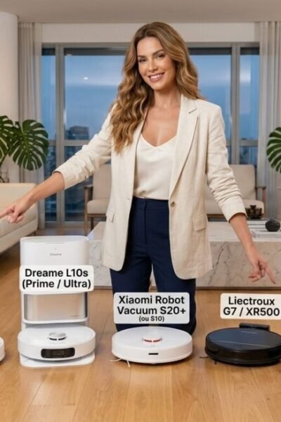 Modelo apresentando os 7 melhores robôs aspiradores inteligentes de 2026 alinhados na sala de estar para o guia do blog Achados da Cozinha.