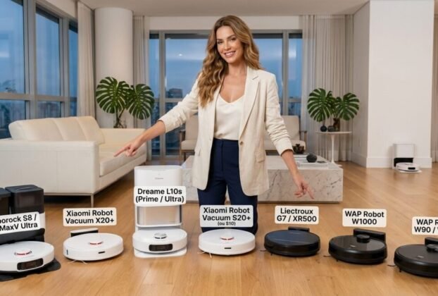 Modelo apresentando os 7 melhores robôs aspiradores inteligentes de 2026 alinhados na sala de estar para o guia do blog Achados da Cozinha.