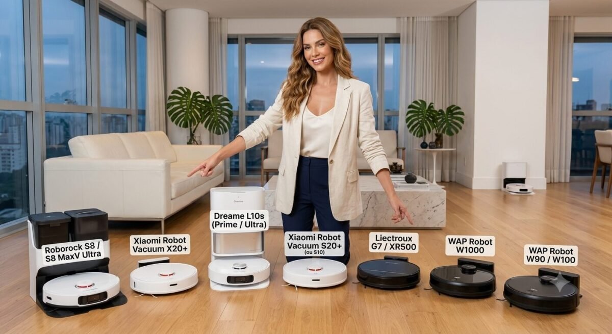 Modelo apresentando os 7 melhores robôs aspiradores inteligentes de 2026 alinhados na sala de estar para o guia do blog Achados da Cozinha.
