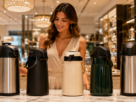 Mulher apresentando cinco garrafas térmicas de café em uma loja de luxo