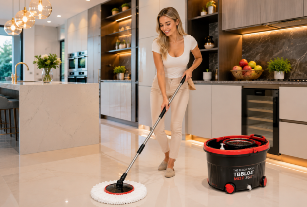 Mulher utilizando o mop giratório The Black Tools TBBL04 para limpar piso de cozinha, com o balde centrífuga vermelho e preto ao lado
