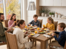 Família reunida ao redor de uma mesa de madeira tomando café da manhã em uma cozinha moderna e iluminada.