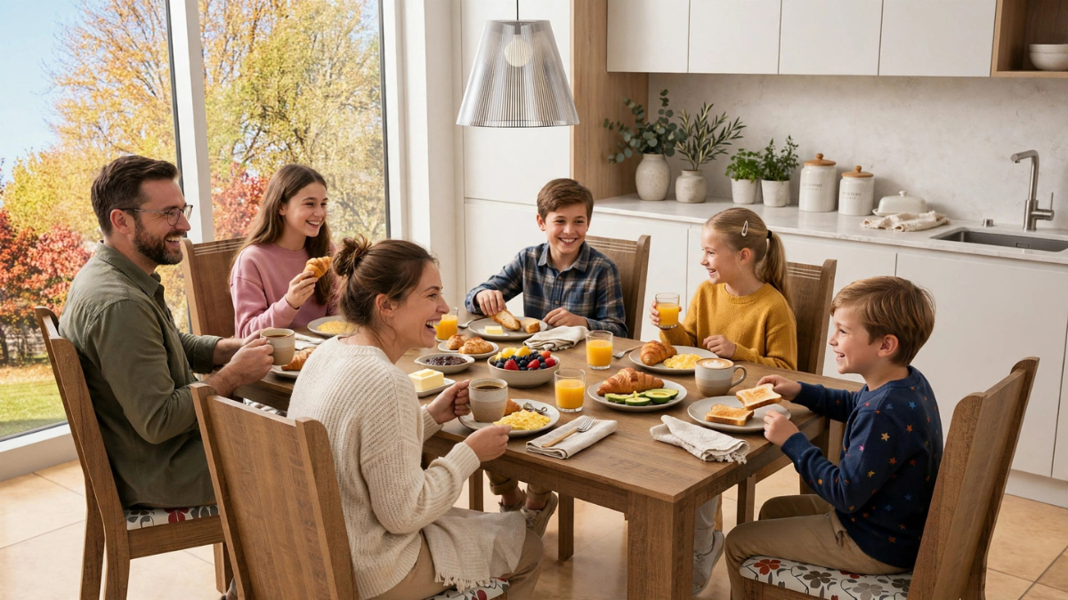 Família reunida ao redor de uma mesa de madeira tomando café da manhã em uma cozinha moderna e iluminada.