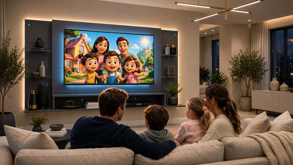Painel para TV até 65 polegadas em sala moderna com prateleiras e iluminação