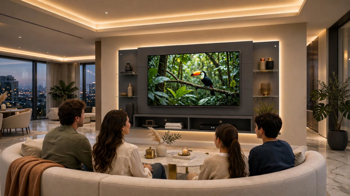 Painel para TV até 65 polegadas em sala moderna