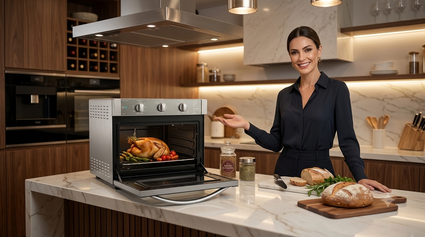 Forno de Bancada Electrolux Inox 44L Função 3 em 1 com Grill 1800W sobre bancada de cozinha moderna