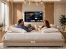 Homem e mulher sorriem enquanto se olham, deitados sobre travesseiros brancos em uma cama box de casal grande e estofada na cor bege. O quarto tem decoração luxuosa em tons neutros, móveis de madeira, iluminação aconchegante e uma Smart TV fixada na parede à frente da cama.