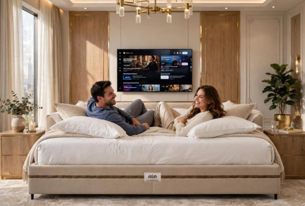 Homem e mulher sorriem enquanto se olham, deitados sobre travesseiros brancos em uma cama box de casal grande e estofada na cor bege. O quarto tem decoração luxuosa em tons neutros, móveis de madeira, iluminação aconchegante e uma Smart TV fixada na parede à frente da cama.