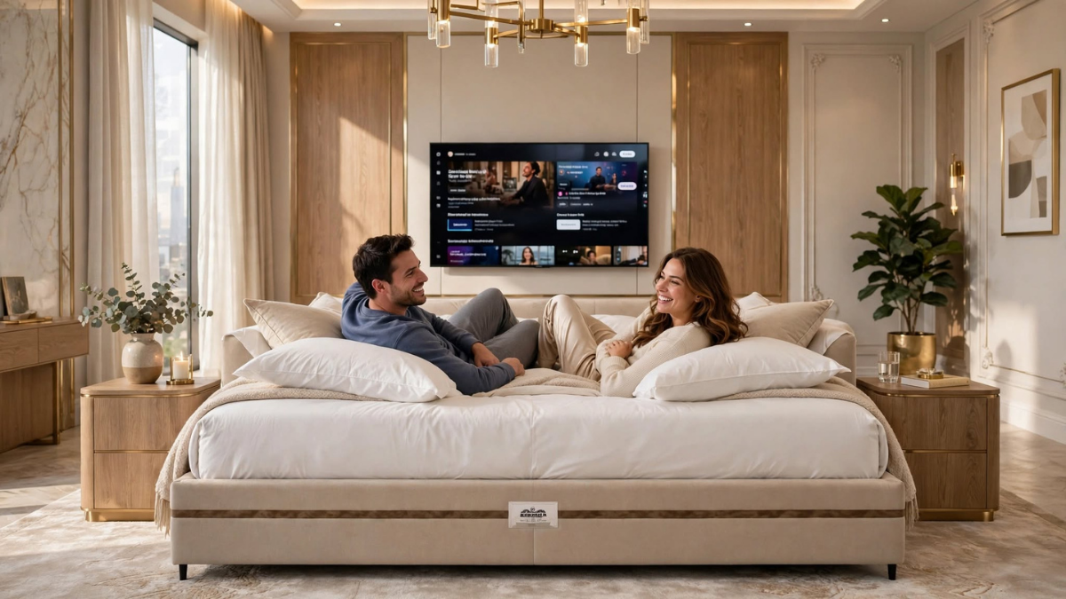 Homem e mulher sorriem enquanto se olham, deitados sobre travesseiros brancos em uma cama box de casal grande e estofada na cor bege. O quarto tem decoração luxuosa em tons neutros, móveis de madeira, iluminação aconchegante e uma Smart TV fixada na parede à frente da cama.