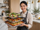 Chef sorrindo segurando três assadeiras de inox empilhadas com salada, vegetais assados e lasanha em uma cozinha moderna.