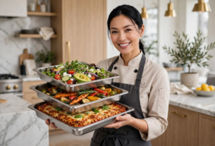 Chef sorrindo segurando três assadeiras de inox empilhadas com salada, vegetais assados e lasanha em uma cozinha moderna.