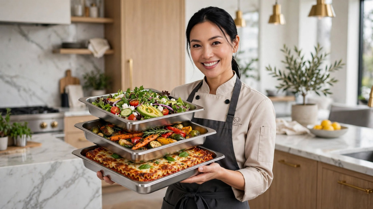 Chef sorrindo segurando três assadeiras de inox empilhadas com salada, vegetais assados e lasanha em uma cozinha moderna.