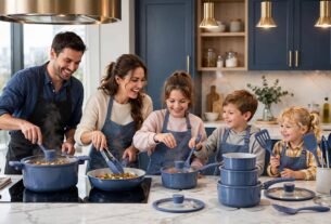 Família preparando refeições em cozinha moderna com jogo de panelas de cerâmica azul.